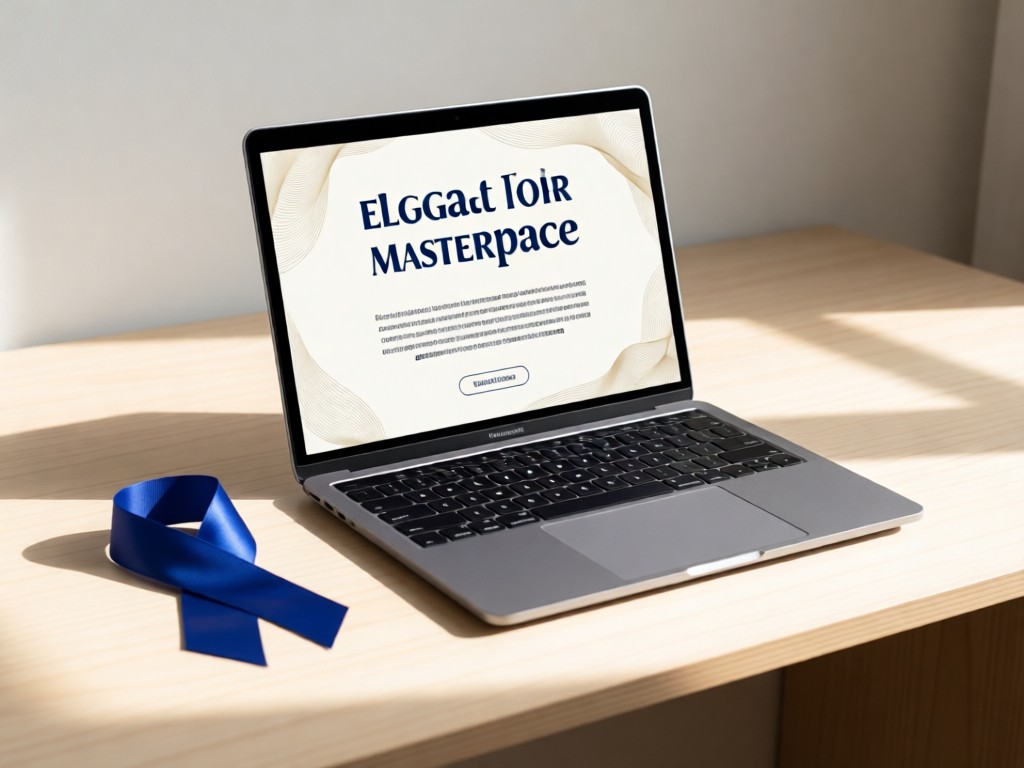 A minimalist desk with a laptop displaying an elegant thesis title page beside an Oxford blue ribbon. Soft shadows emphasize clean typography. No people.