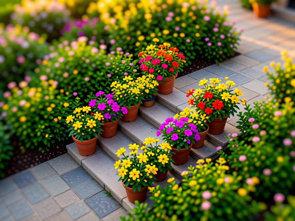 An aerial shot of a perfect Proven Winners container arrangement on stone steps. Lush greenery surrounds it in soft focus. Golden hour light emphasizes vibrant colors. Symbolizes curated excellence. No people.