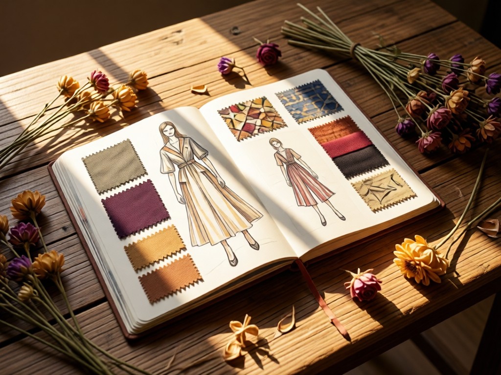 An open fashion sketchbook with fabric swatches, surrounded by dried flowers. Sunlight streams across a rustic wooden table. No people.