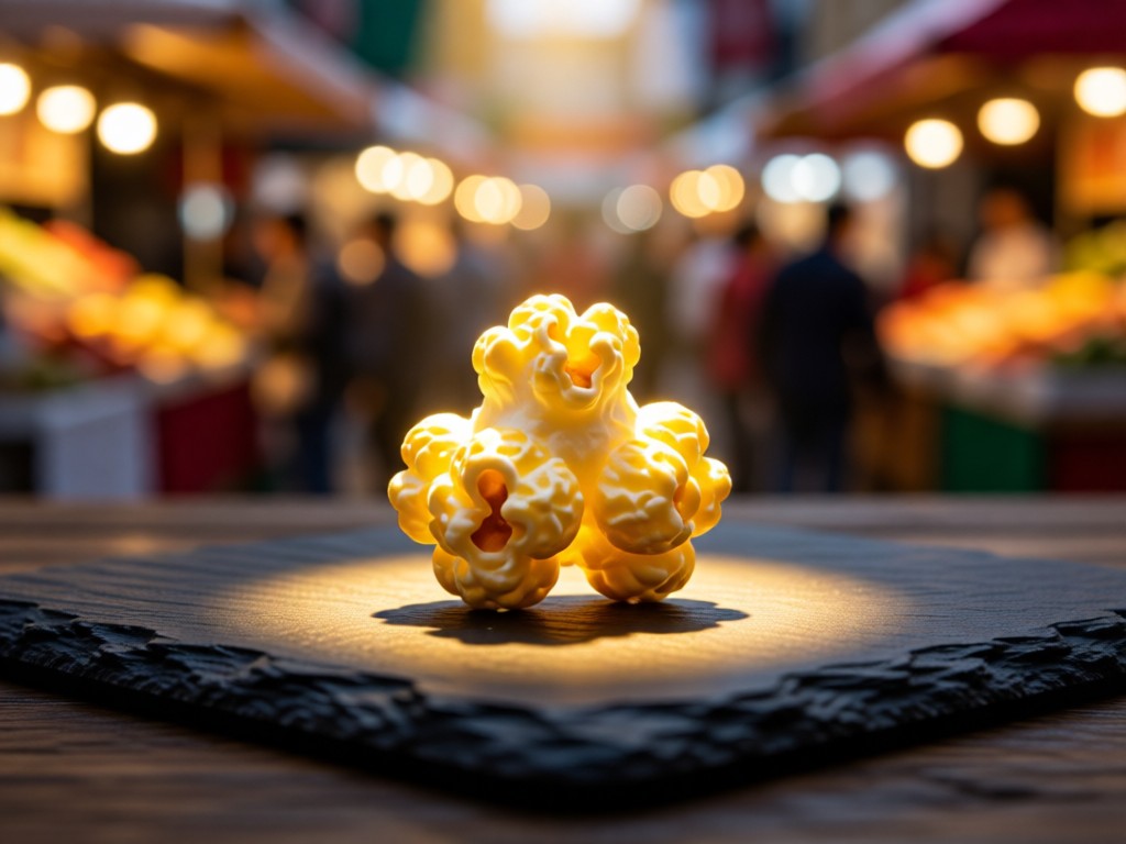Single perfect popcorn piece on dark slate. Spotlight effect with golden glow. Represents standing out in crowded markets. Soft bokeh background. No people.