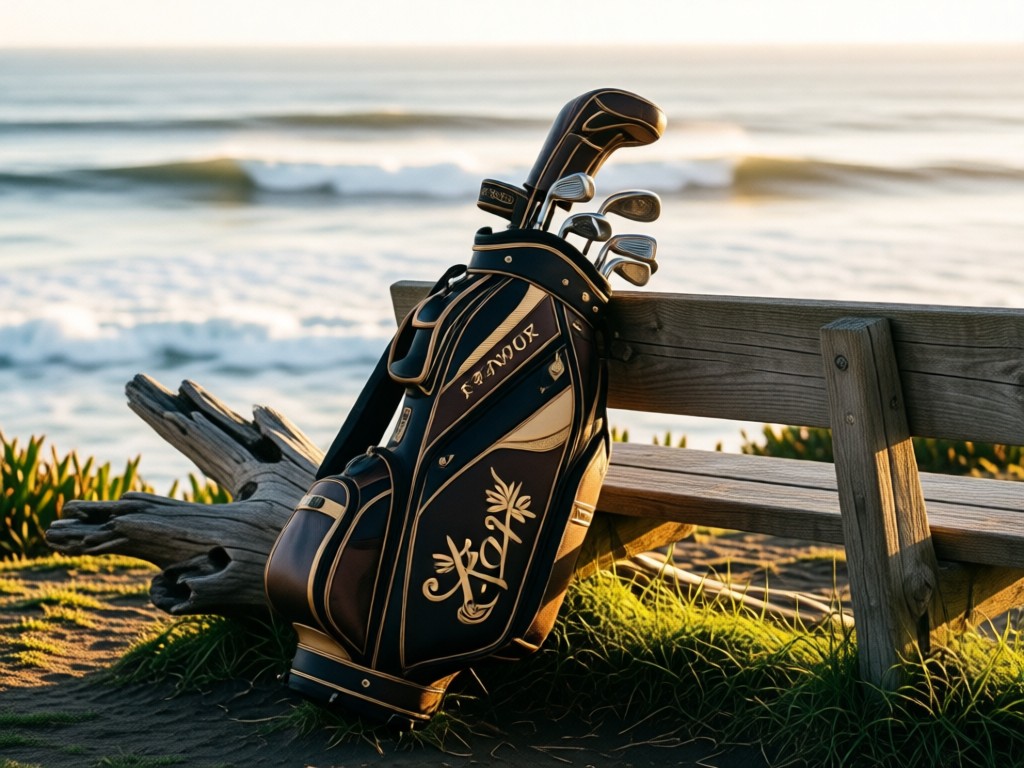 An elegant golf bag leaning against a weathered driftwood bench overlooking the Pacific. Clubs catch morning light while ocean waves blur in background. No people.