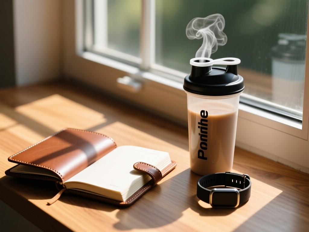 Open leather journal with fitness trackers beside a steaming protein shaker on a windowsill, afternoon sun casting long shadows, warm wood textures, shallow depth of field, lifestyle aesthetic.