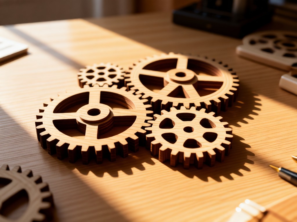 Interlocking wooden gears on a sunlit desk, symbolizing collaboration. Soft shadows accentuate mechanical connections. Warm natural tones throughout. No people.