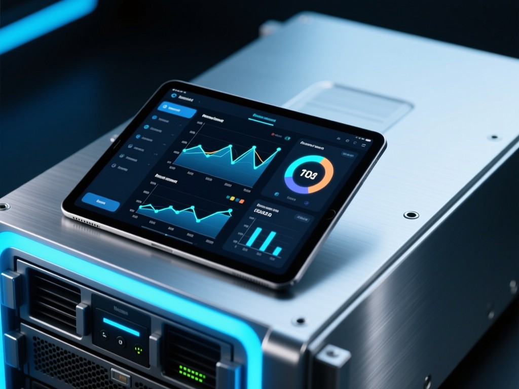 A sleek dashboard interface on a tablet showing network performance graphs. Tablet rests on a brushed metal server casing with soft blue LED glow. Clean tech aesthetic, no people.