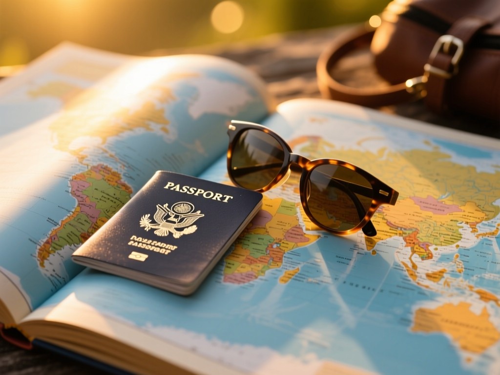 A passport and sunglasses resting on an open world map during golden hour, soft sunlight illuminating destinations, shallow depth of field, travel accessories scattered naturally, warm tones, no text.