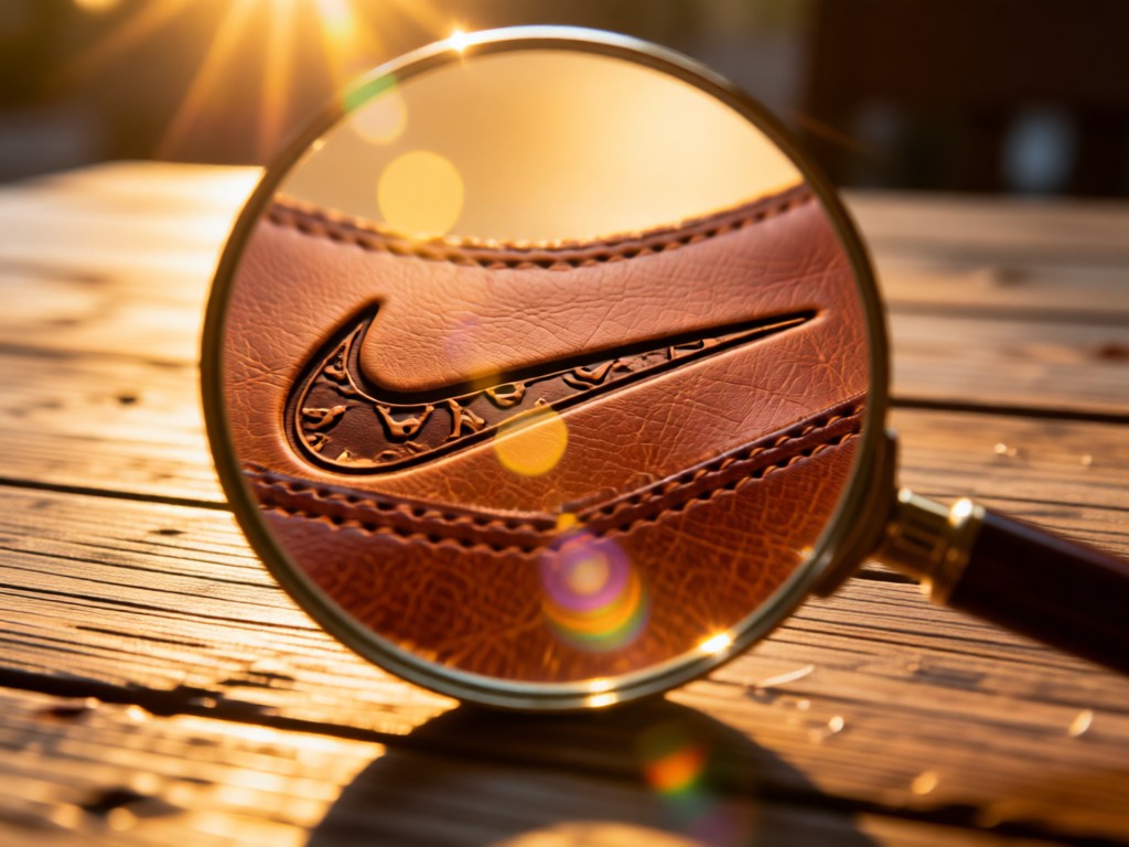 A magnifying glass focusing on a vintage Nike swoosh logo etched in leather. Golden hour backlight creates lens flares on a rustic wooden table. Shallow depth of field. No people.