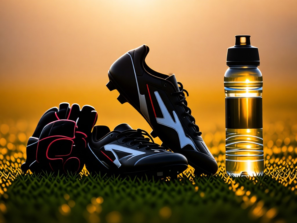 Sports equipment arranged artistically: cleats, gloves, and water bottle on grass. Warm sunset backlight creates dramatic silhouettes. No people.