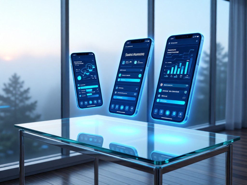 A clean glass desk displaying three floating smartphone screens showing different SaaS interfaces. Soft blue backlighting creates a futuristic tech vibe. Morning fog outside a large window. No people.