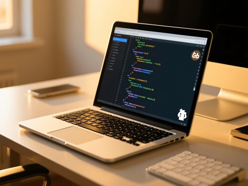 A minimalist desk at golden hour: open laptop showing clean code interface, GitHub icon visible, warm sunlight on mechanical keyboard, shallow depth of field, no people.