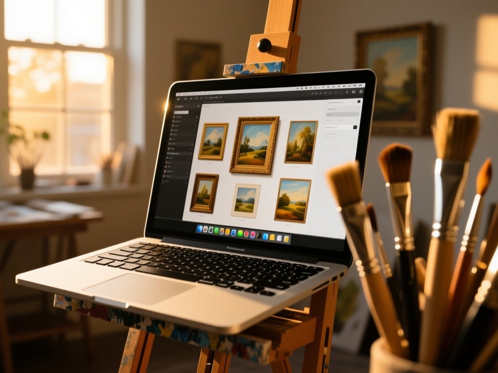 An open MacBook on a painter's easel during golden hour, screen displaying a digital gallery of paintings, natural light filtering through studio windows, brushes in foreground, soft shadows, warm tones, no visible text.