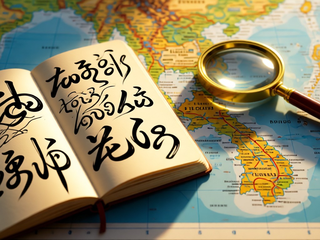 An open notebook with Lao script sketches beside a magnifying glass on a map of Laos. Warm sunlight highlights the search focus. No people.