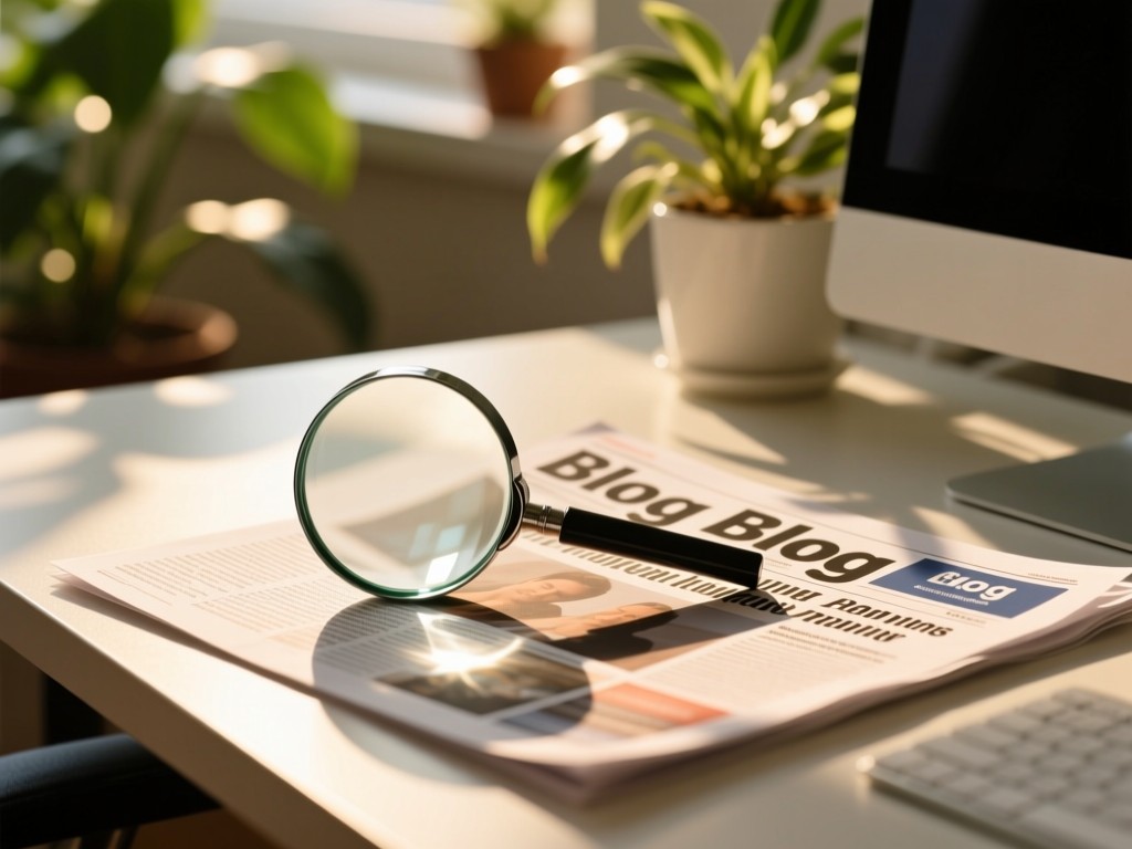 A magnifying glass resting on printed blog headlines. Sunlight filters through nearby plants onto a clean desk surface. Warm, focused atmosphere. No people.