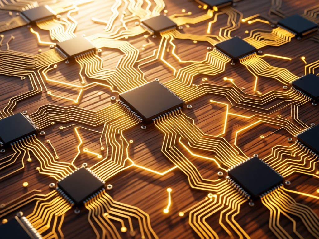 Aerial view of interconnected circuit boards on a wooden surface forming a web pattern. Warm sunlight highlights the golden traces. Symbolizes digital ecosystems and connectivity. Clean technological aesthetic. No people.