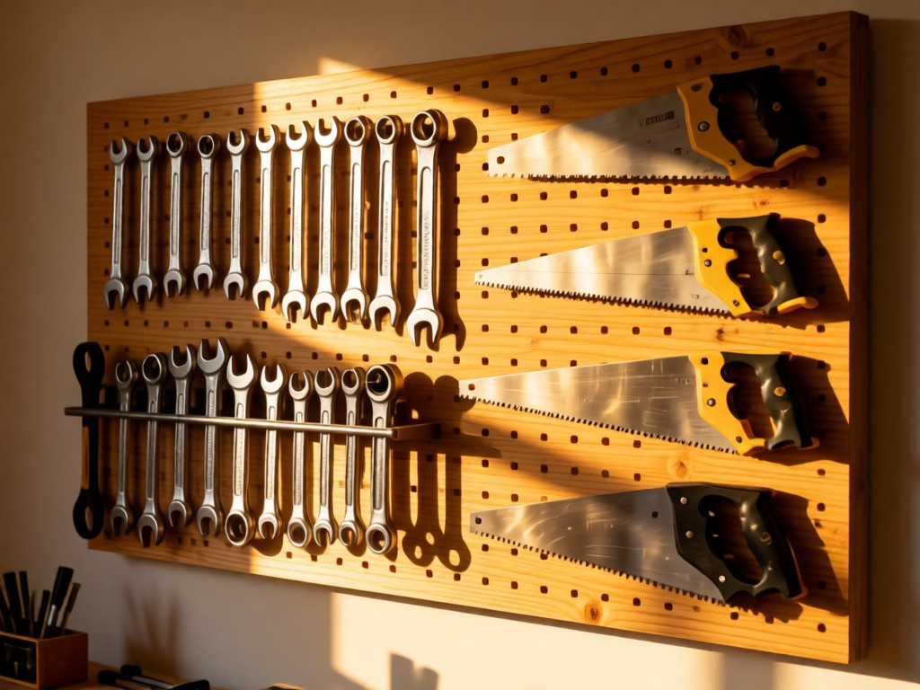 Neatly labeled tool storage wall in golden hour. Shadow play highlights organized wrenches and saw blades. Clean lines with natural wood textures. Minimalist workshop aesthetic. No people.