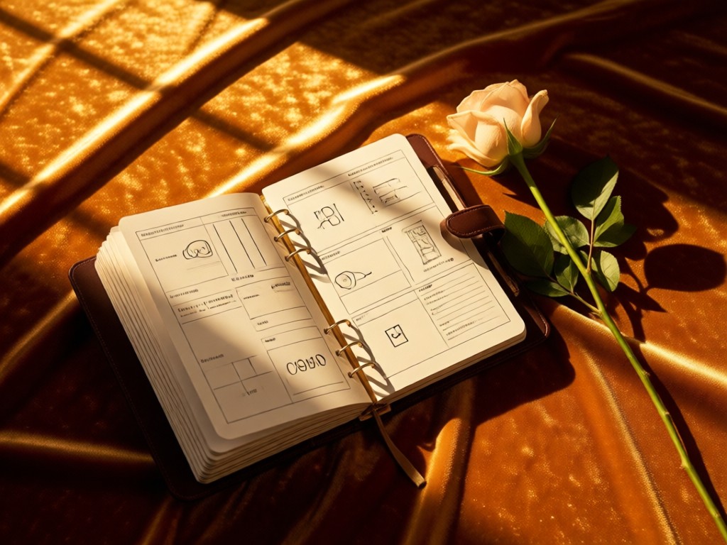 A stylish open planner beside a single rose on a velvet surface. Golden hour light casts long, soft shadows. Focus on the elegance of organization. No people.