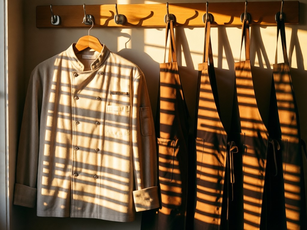 Neatly arranged chef jackets and aprons hanging on polished hooks. Late afternoon sun creates warm stripes across the textured fabric. No people.