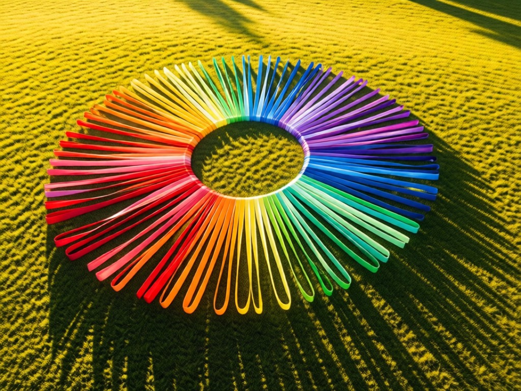 Aerial view of rainbow-hued fabric ribbons arranged in a circle on grass at golden hour. Soft shadows stretch outward. Represents unity and visibility. No people.