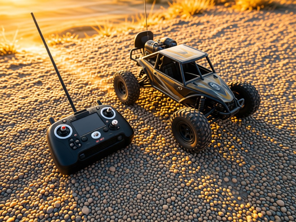 An aerial shot of an open RC transmitter beside a rugged off-road buggy on sunlit gravel. The composition symbolizes control and adventure. Golden hour lighting. No people.