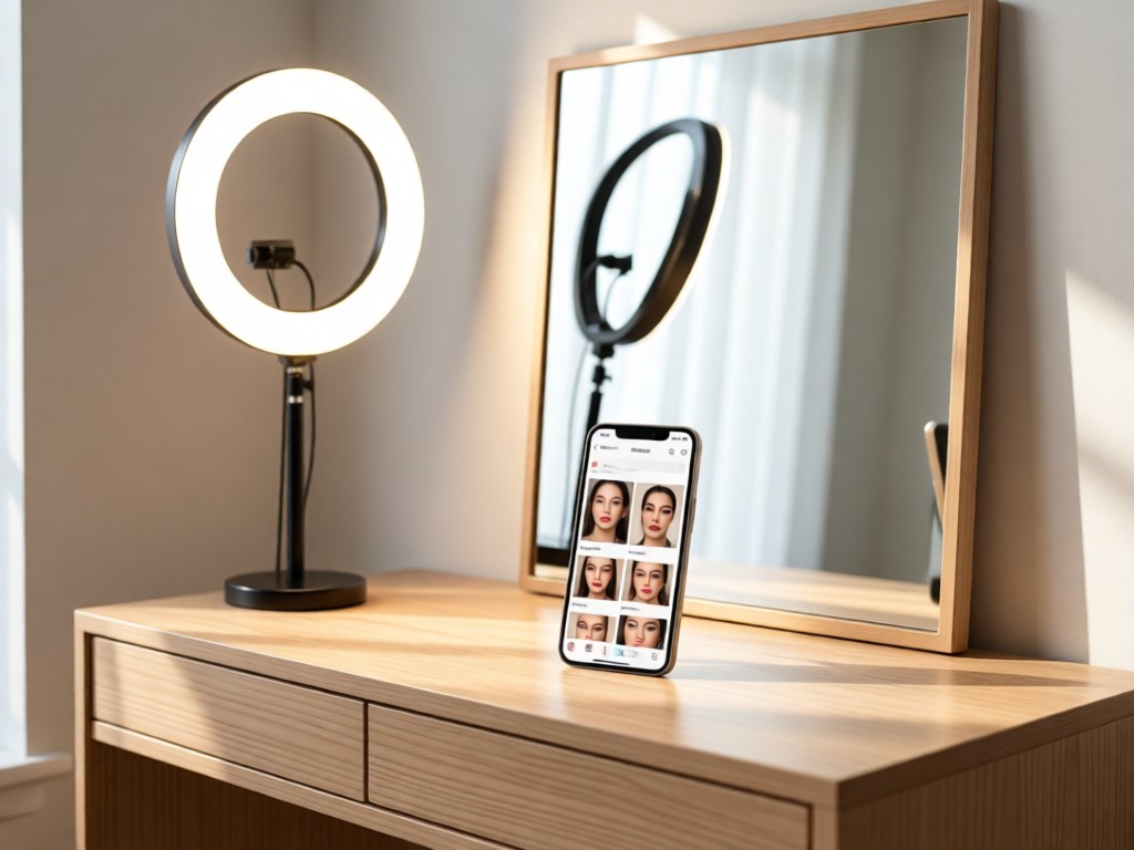 A minimalist vanity table with an open ring light reflecting on a clean mirror. In focus: a smartphone displaying a high-quality makeup portfolio gallery. Soft natural lighting creates gentle highlights. No people.
