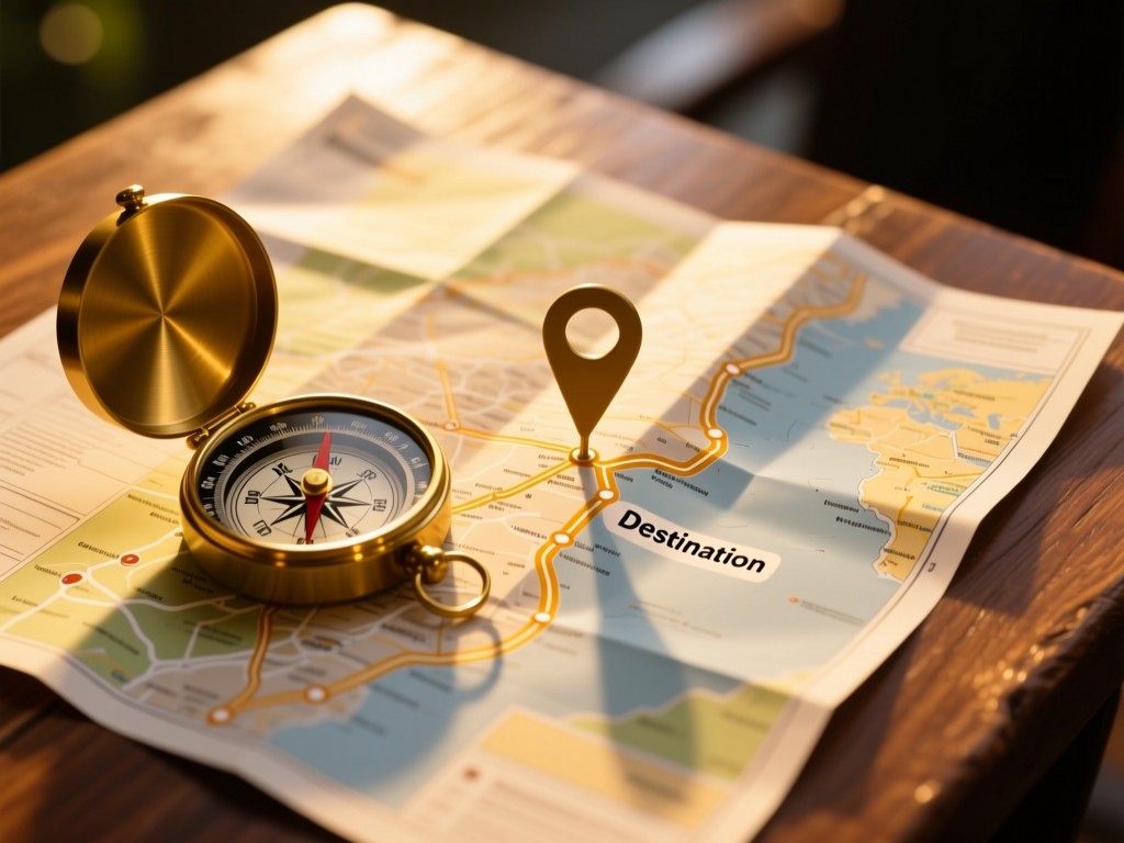 Aerial view of a compass laid over a roadmap on a wooden table. Golden light highlights routes leading to a 'destination' marker. Symbolizes clear direction and optimized journeys. No people.