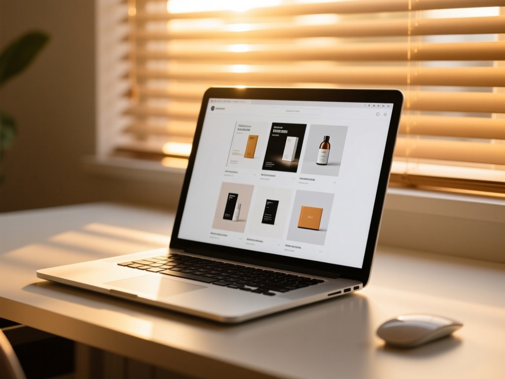A sleek laptop open on a minimalist desk during golden hour, screen displaying a clean digital product catalog with cover thumbnails, warm sunlight filtering through blinds, shallow depth of field, no people.