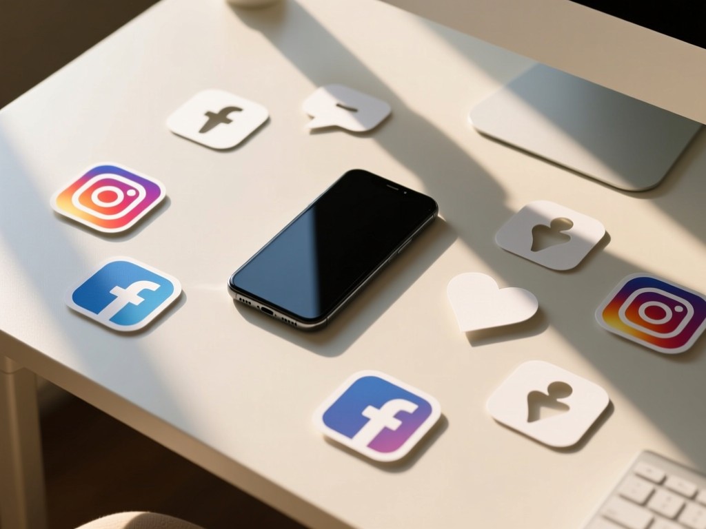 Aerial view of a single smartphone centered on a light desk, surrounded by minimalist social media icon cutouts. Soft shadows from morning light. Symbolizes focus and consolidation. No people.