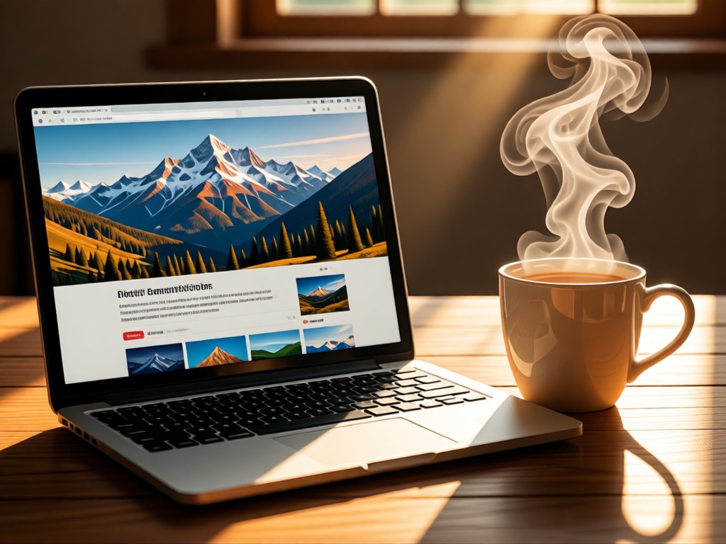 Laptop displaying mountain blogs beside a steaming butter tea cup. Sunlight illuminates rising steam. No people.