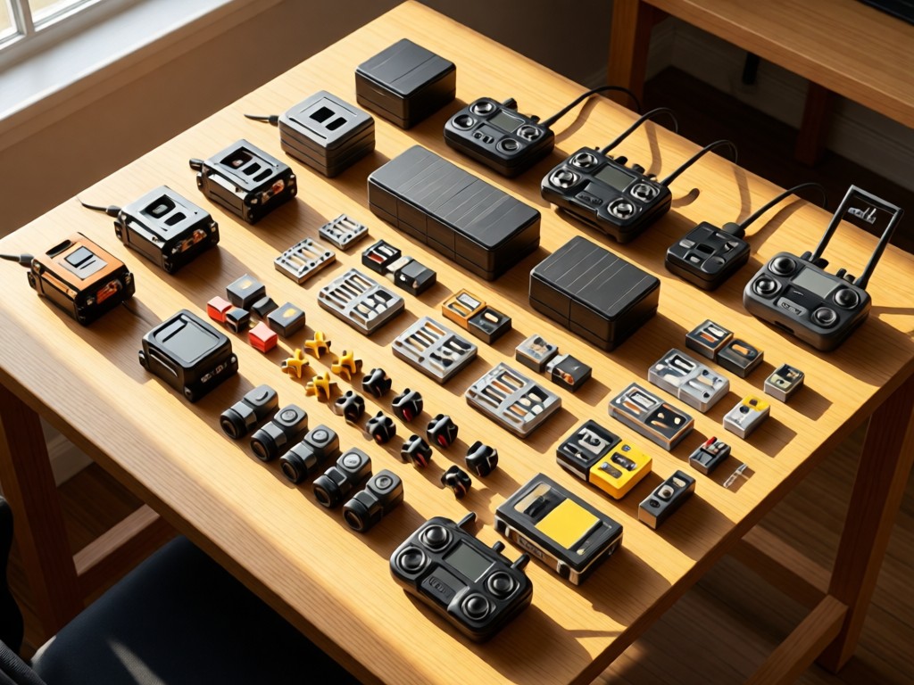 Overhead view of organized RC components on a wooden worktable. Servos, batteries, and transmitters arranged geometrically. Soft shadows from late afternoon sun. No people.