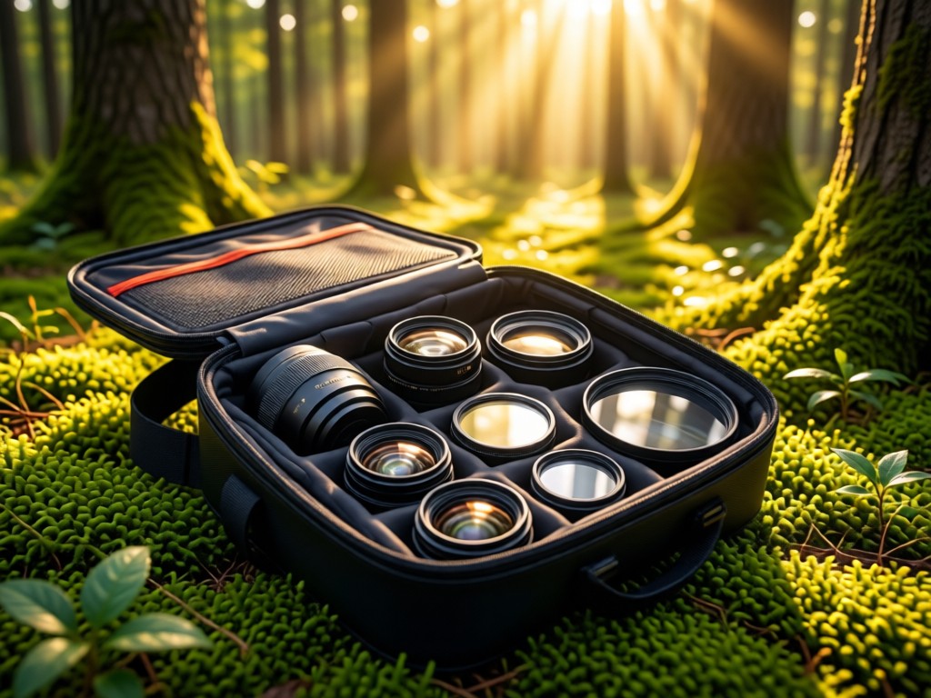 An open camera bag on mossy forest ground displaying neatly arranged lenses and filters. Golden sunlight filters through trees symbolizing organization. No people.
