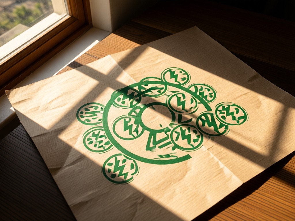 Aerial view of circular green energy icons on textured recycled paper. Natural shadows emphasize depth as afternoon light hits surface from side window.