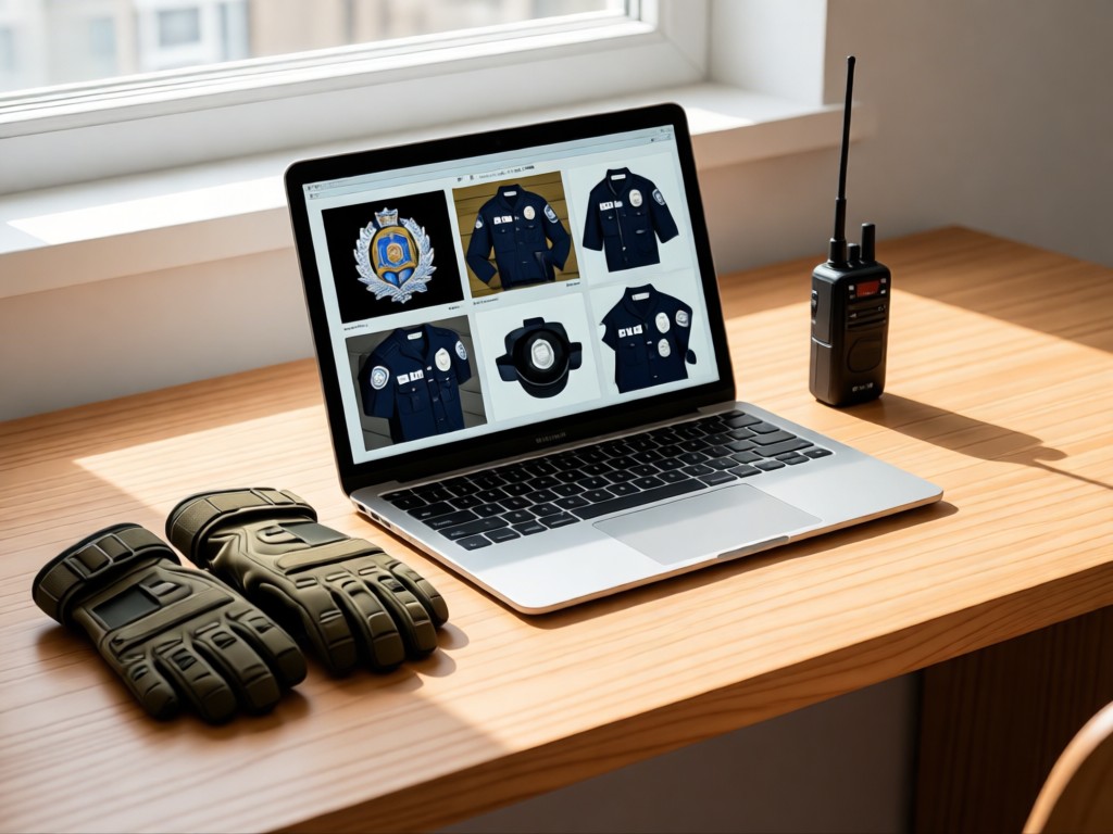 Minimalist desk with laptop showing police gear gallery. Tactical gloves and radio placed nearby. Soft daylight on wood surface. No people.
