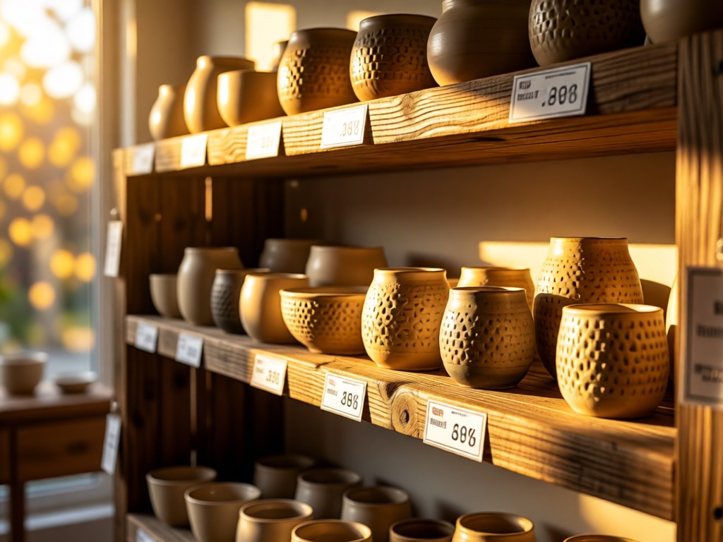 A neatly arranged display of discounted home goods on reclaimed wood shelves. Golden sunlight highlights price tags and textured ceramics. Soft bokeh background with warm tones. No people.