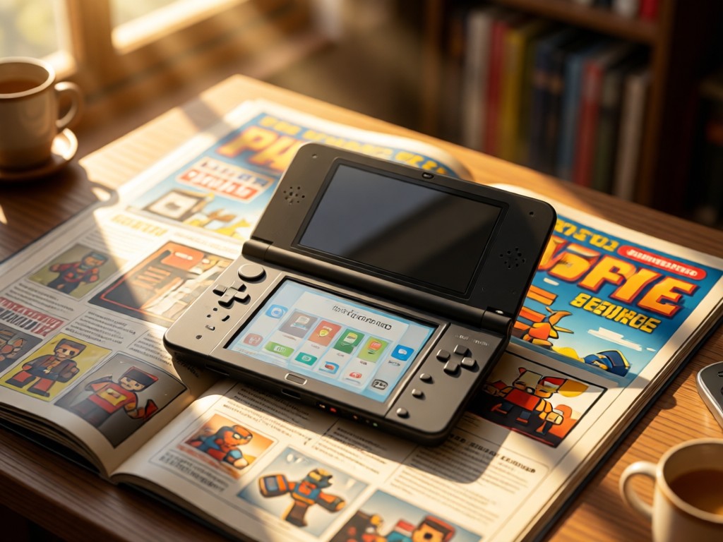 An overhead shot of a Nintendo 3DS console centered on a vintage gaming magazine. Sunlight streams across the composition, highlighting nostalgic gaming atmosphere. Soft focus background with warm tones. No people.