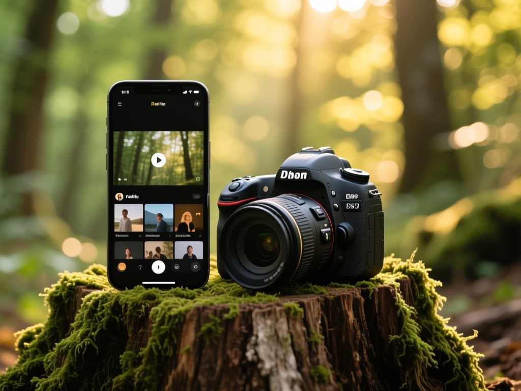 A smartphone displaying a video portfolio beside a DSLR camera on a mossy tree stump in a sun-dappled forest. Natural greens and golds. No people.