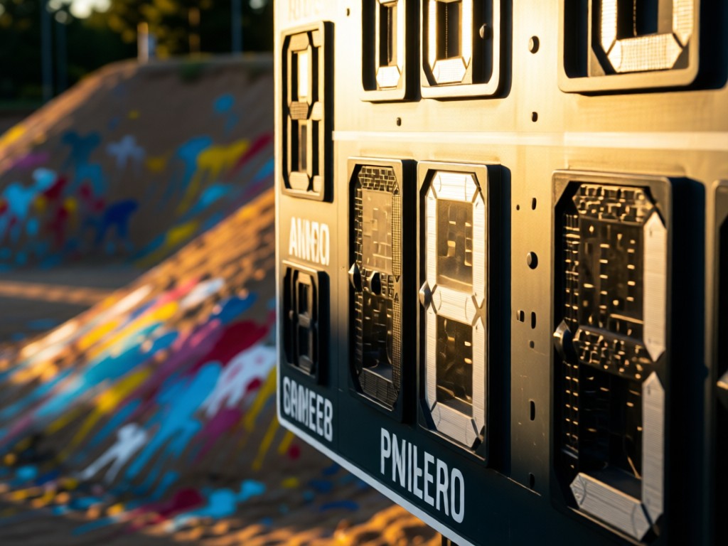 Close-up of a tournament scoreboard with blurred paint-splattered bunkers in background. Late afternoon sun casts dramatic shadows. Focus on crisp numbers. No people.