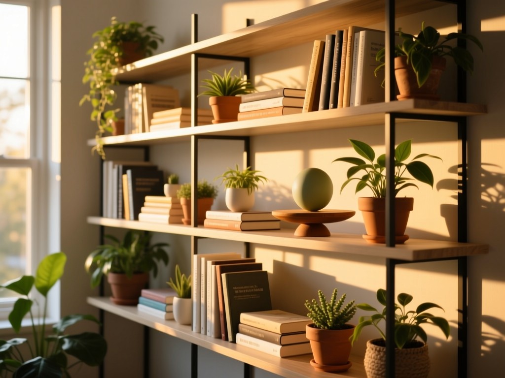 Modern shelf with neatly organized wellness books and potted plants during golden hour, sunlight streaming through window, harmonious arrangement symbolizing mental balance.
