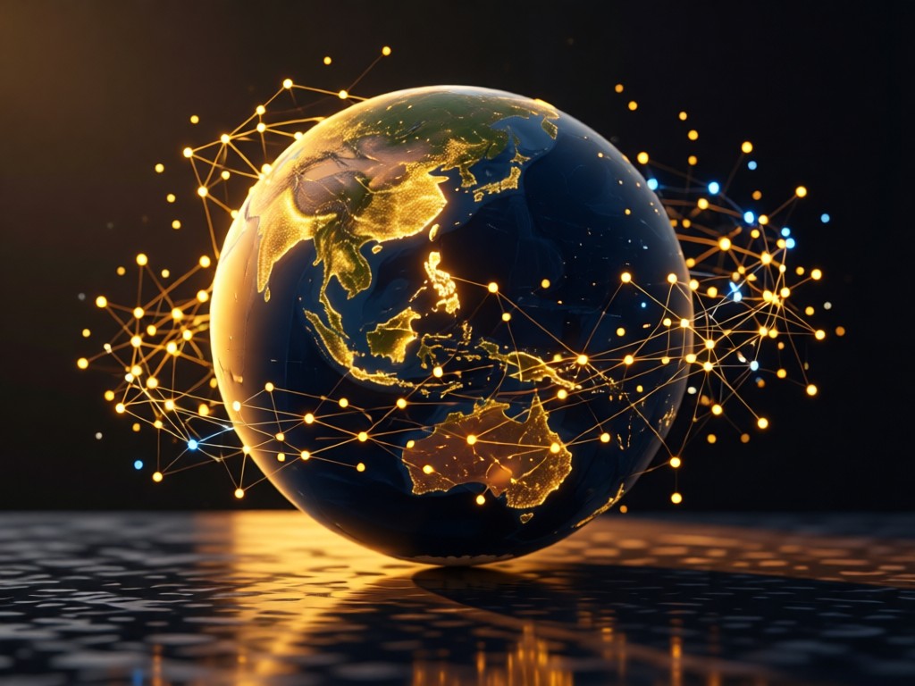 A globe with the Philippines illuminated, surrounded by floating digital connection nodes. Soft golden hour lighting creates warm reflections on a dark surface. No people.