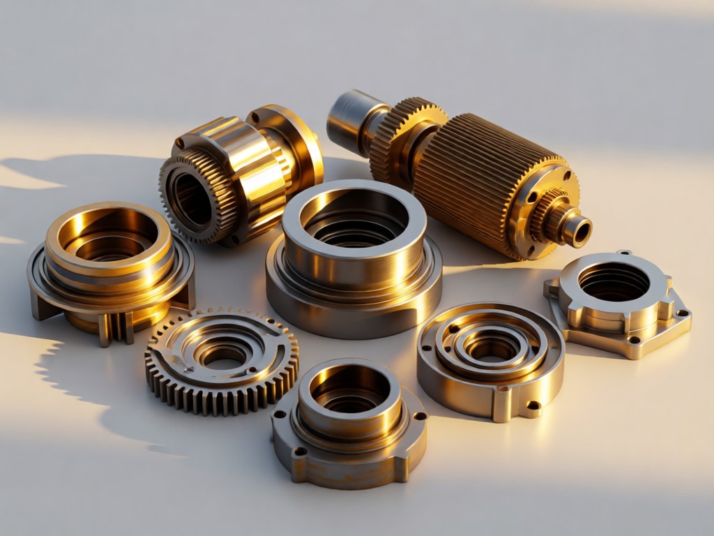 Neatly arranged industrial components on a light gray background. Golden hour light emphasizes textures and precision. No people.
