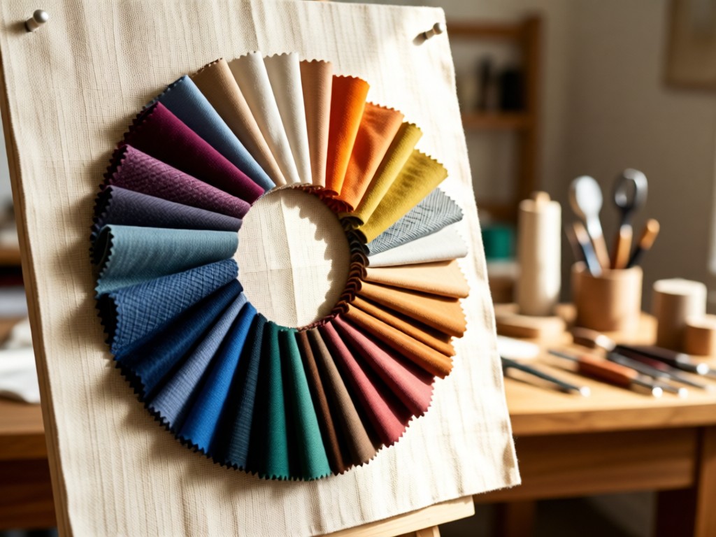 A neatly arranged color wheel of fabric swatches pinned to a linen-covered board. Soft natural light highlights textile textures against a blurred background of sewing tools.