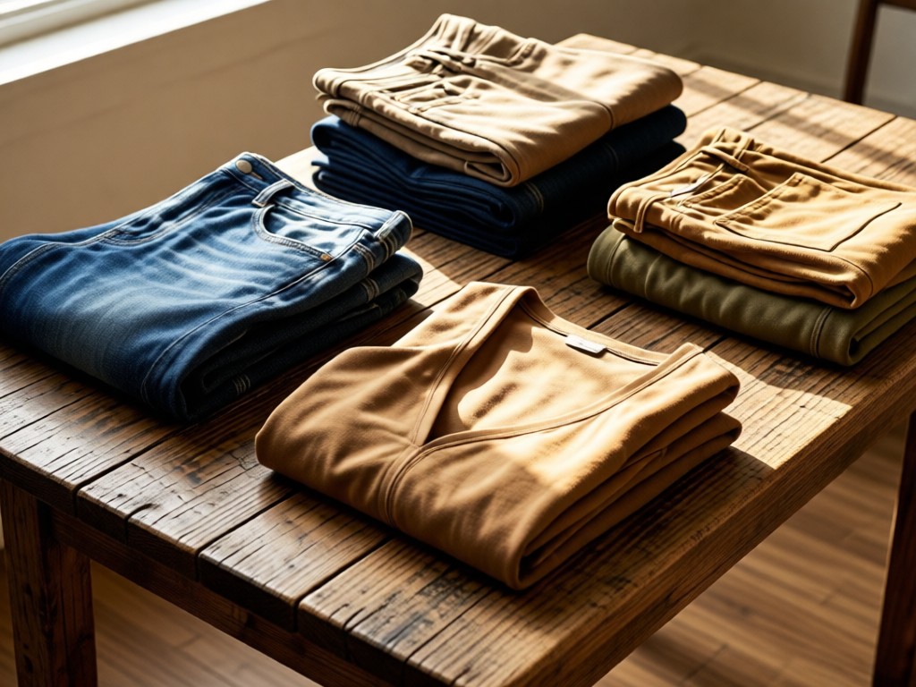 A curated arrangement of folded plus-size jeans and tops in earthy tones on a reclaimed wood table. Morning light accentuates fabric details. Soft shadows and warm color palette. No people.