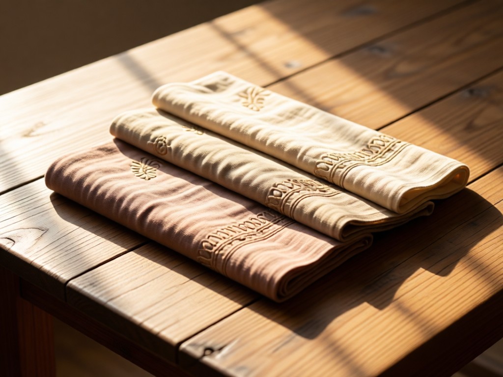 Minimalist display of three Khaadi dupattas artfully folded on a rustic wooden table. Morning light creates soft textures on the embroidered fabric. No people.
