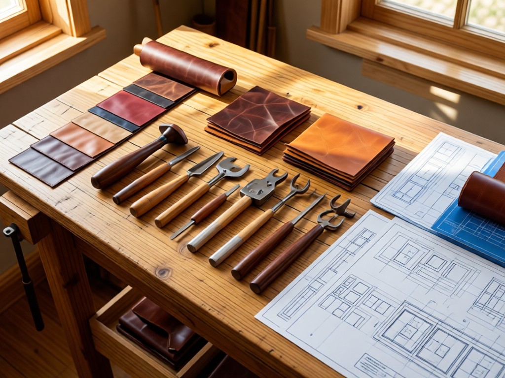 Overhead shot of a leather crafting toolkit on a wooden bench. Tools neatly arranged beside leather swatches and blueprints. Warm natural light. No people.