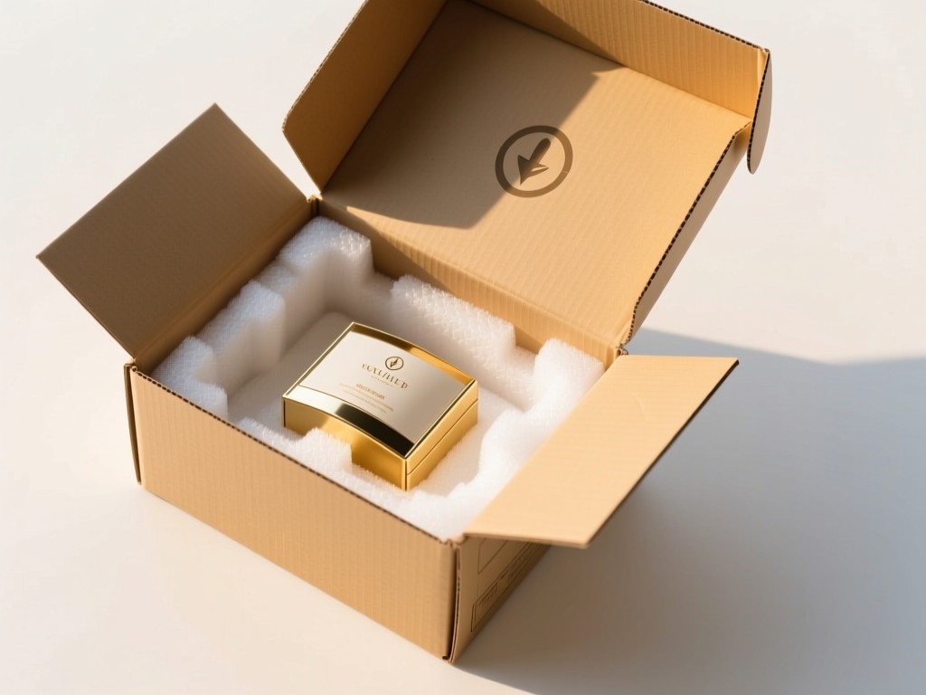 Aerial view of an open shipping box with protective foam, revealing a high-end product inside. Clean white background with soft golden hour lighting. Symbolizes secure delivery and quality. No people.