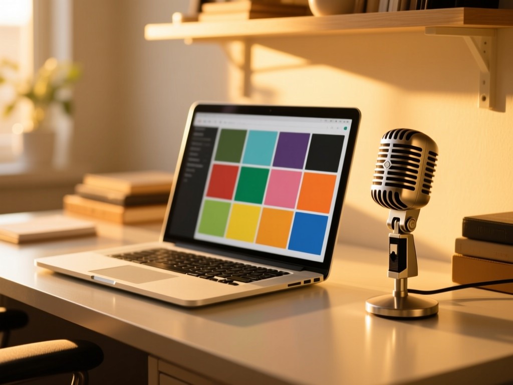 A neatly arranged desk at golden hour: laptop showing color-coded content tiles beside a vintage microphone, warm sunlight, shallow depth of field, no people.
