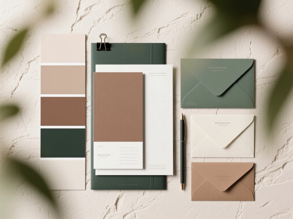 A stylish mood board with cohesive color swatches and minimalist stationery. Soft focus background with natural textures. No people.