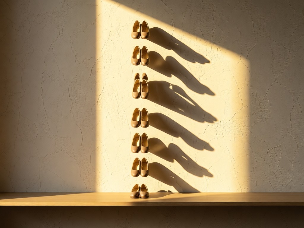Minimalist shelf displaying petite-sized shoes aligned vertically. Golden light creates long shadows that emphasize height illusion. Neutral background with texture. No people.