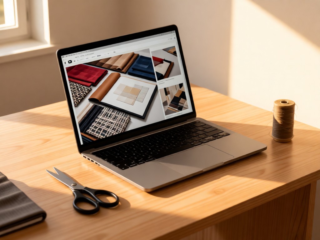 Minimal desk with open laptop showing fabric portfolio. Fabric scissors and thread spool nearby. Soft afternoon light creates focused workspace. Clean composition. No people.