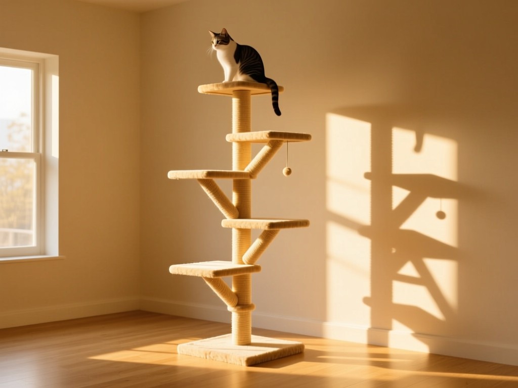 A solitary cat tree in a sun-drenched room, golden light highlighting climbing platforms, symbolizing expansion and territory, minimalist composition.
