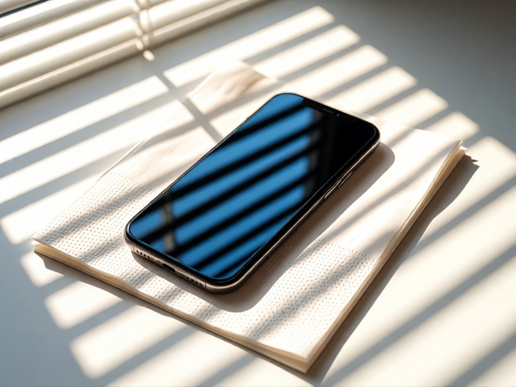 A smartphone resting on a folded Nordstrom tissue paper, showing a clean product display. Sunlight filtering through window blinds creates striped shadows. No people.