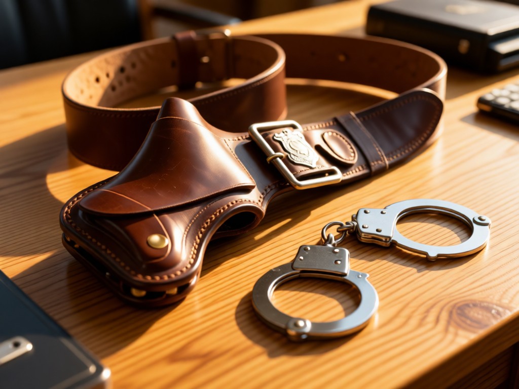 Police duty belt accessories arranged geometrically on oak desk. Leather holster and handcuffs in focus with shallow depth of field. Golden hour lighting. No people.